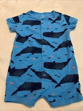 “Bundle 10/$13” Carter's 9m Blue Whale Print Short Sleeve baby boy Romper